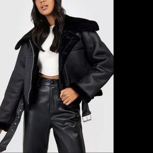 BOOHOO BONDED FAUX FUR PU LEATHER AVIATOR JACKET
